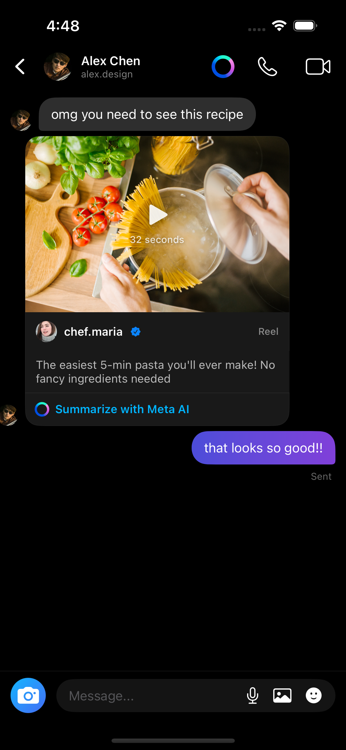 DM chat with shared reel and Summarize with Meta AI button